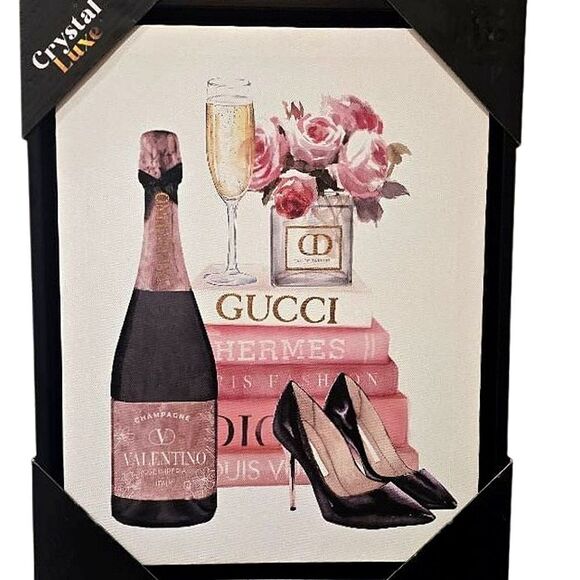 Crystal Luxe Champagne Campaign Fashion Bookstack/Heels Framed Canvas Wall Decor - Picture 2 of 5